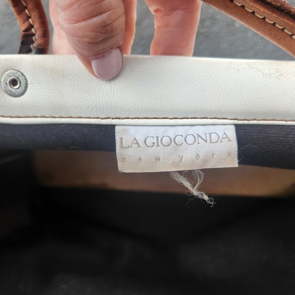 Large  White and Brown Leather and Vinyl Utility Tote Bag - Picture 5 of 8